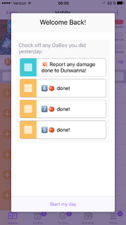 A modal listing the previous day's undone dailies that were not completed by the user before their custom day start. They can be checked off, and when the user is finished, there is a "start my day" button at the bottom which will run cron.