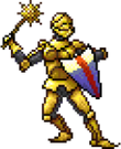 A golden knight holds a shield and a weapon.