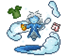 An electric blue humanoid figure is surrounded by clouds and trash