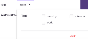 An open tag dropdown in the daily edit modal. It lists tags and allows them to be selected.