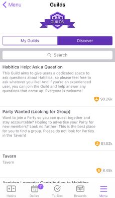 Players can also view the names and descriptions of Habitica's public guilds on the iOS app. Click "join" to become a member of that guild.