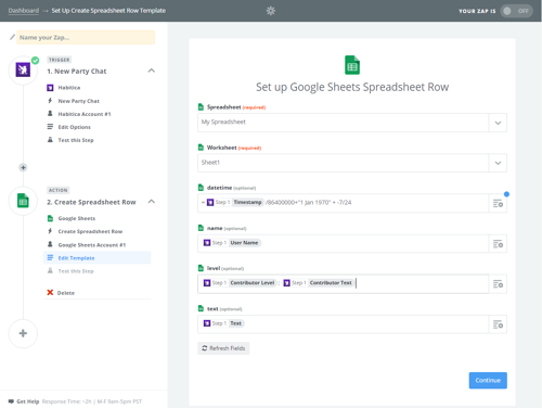 Linking Habitica fields to populate Google Spreadsheet