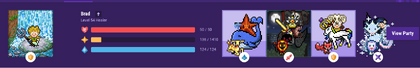 The header of Habitica. On the left, the user's avatar and stats are displayed. Following that, four party members' avatars are displayed on the right, followed by a button allowing the user to view their party.