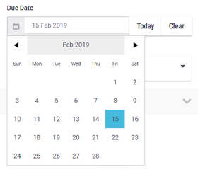 Due date selector. From left to right: A text box for the date, which has been clicked to show the date picker, followed by buttons for "today" and "clear".