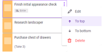 A task with an open three button menu containing options for "edit", "to top", "to bottom", and "delete". The user is hovered or focused on the "to top" option.