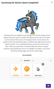 A pop-up appears containing the quest's on-completion text and rewards.