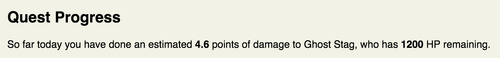 Une capture d'écran de l'outil d'affichage de données, contenant seulement du texte. L'en-tête indique le progrès dans la quête, et en dessous le message suivant: "So far today you have done an estimated 4.6 points of damage to Ghost Stag, who has 1200 HP remaining." Ce qui, traduit en français, donnerait: Aujourd'hui, jusqu'à maintenant, vous avez fait des dommages estimés à un total de 4.6 points au Cerf Fantôme, qui a encore 1200 PS restantes." Les numéros dans le message sont en gras.