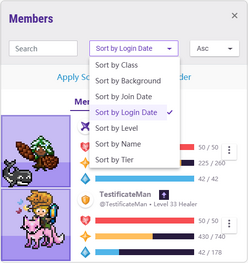 The member pop-up, with the sort dropdown displayed. There are seven options: class, background, join date, login date, level, name and tier.