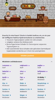 Die Liste der Mitarbeiter und Moderatoren auf der Tavernen-Chat-Seite.