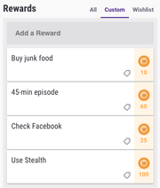 Custom rewards for "buy junk food" (10 gold), "45-min episode" (60 gold), "Check Facebook (25 gold), and "Use Stealth" (100 gold).