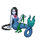 A black-haired, blue mermaid wearing a glowing red amulet.