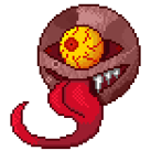 Une lune monstrueuse avec des yeux étincellants, des crocs et une longue langue.