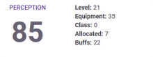 Perception stats. The total reads 53.5. The level's contribution to the stat is 26.5 and there are 27 points from buffs (in this case from a perfect day).