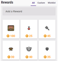 Six in-game rewards, pinned to the rewards column, in a two row, three column grid.