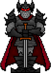A large knight in black armor holds a sword and stands at attention.