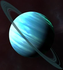 A blue, uncolonized, ringed planet. Notice the lack of bright yellow-orange dots of colonization.