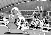 Hinata perfectly receives a spike from Inarizaki's ace.