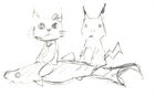 A sketch of the three characters used to characterize the difference between Hinata and Hyakuzawa's height. (Tika-chu, Hiya Kitty and a blackbelly lanternshark)[2]