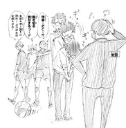 Takeda apologizes while Hinata, Tanaka, and Suga watch in awe