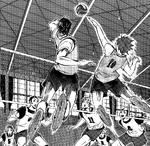 Nobuyuki patrzy jak Shōyō i Asahi wyskakują do piłki