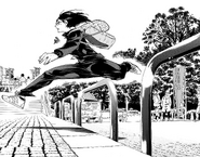 Kiyoko jumping over a fence as if it's a hurdle