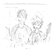 Kageyama e Hinata piscando à medida que tira sua foto.