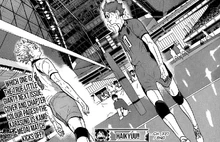 Hoshiumi i Hinata spoglądający na siebie przed rozpoczęciem meczu