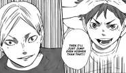 Hinata challenges Lev after showing him his jumping power (Hinata also hit his head on the doorway).