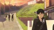 Hinata walking home with his teammates in the distance