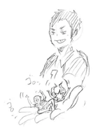 A sketch of Daichi holding Hinata and Tanaka in his hands. It's a reference to his ability to rile up his team members