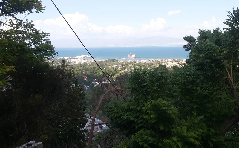 Looking down from the Fontamara heights, with the bay opening toward the mountains of La Gonâve in the distance.