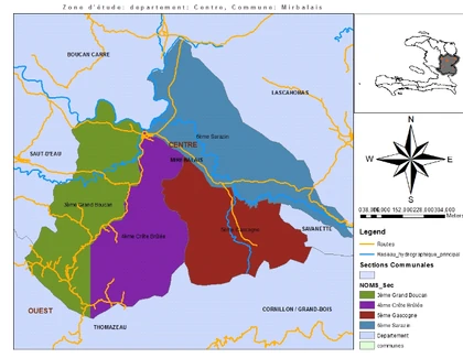 Mirebalais is split into four , as shown on the communal map: From left to right,  (green), Crête Brulée (purple), Gascogne (red), and  (blue).