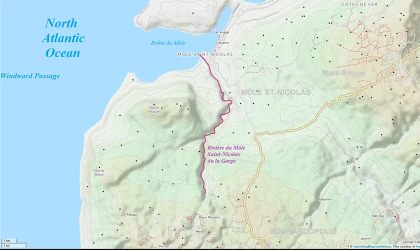 Map of Rivière du Môle Saint-Nicolas du la Gorge, highlighted in purple, in  