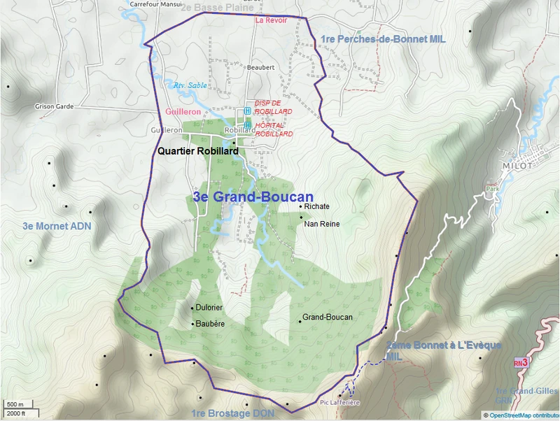 Communal map of Quartier Robillard, with the accompanying third section, Grand Boucan.