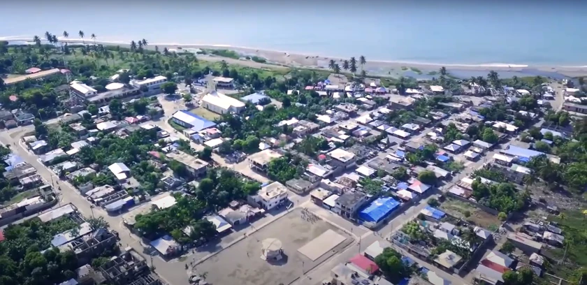 Aerial view of Ville des Anglais, facing the Caribbean Sea