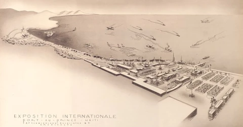 Architectural rendering of the Exposition Internationale de Port-au-Prince (1949–1950), showing the newly reclaimed Bicentennaire waterfront. The fairgrounds stretched westward from downtown along Boulevard Harry Truman, featuring exhibition halls, fountains, and pavilions representing each Haitian department.