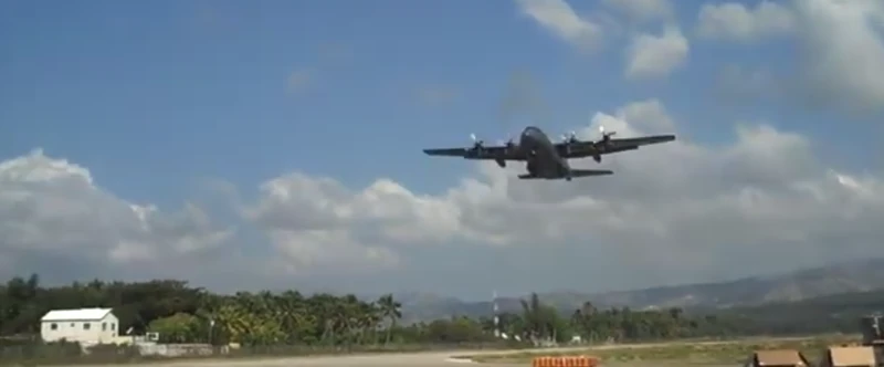 Jacmel's airport takes on large aircraft, as shown by this Royal Canadian C-130 departing the airfield.