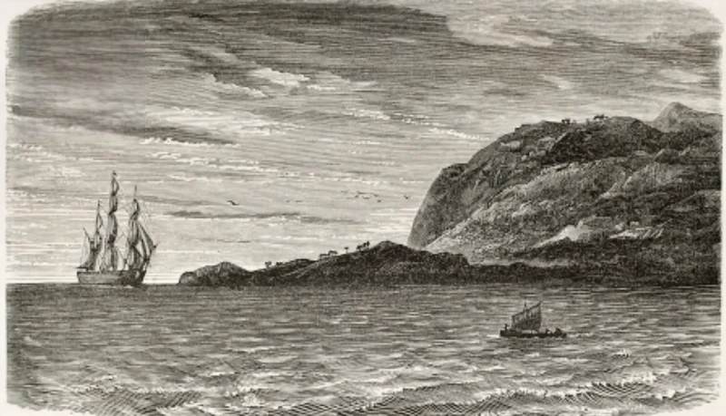 Engraving depicting European ships approaching the Tiburon coast.
