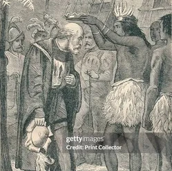 Illustration of Guacanagaríx, the Taíno chief of Marién, receiving Columbus—an event marking the earliest recorded contact between the Taíno of northern Haiti and the arriving Europeans in 1492.