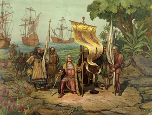 Artist's depiction of Christopher Colombus's landing in 1492. Arawak men and women, naked, tawny, and full of wonder, emerged from their villages onto the island’s beaches and swam out to get a closer look at the strange big boat.