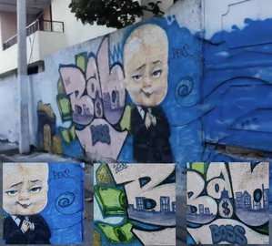 Cartoon-style street art on a Christ-Roi wall, with close-up details shown below