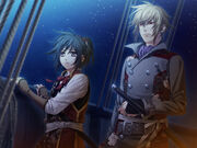 Chizuru and Kazama on a ship to Ezo