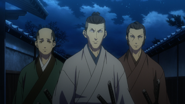 Tonouchi Yoshio and Hirama Jyuusuke with Nishiki Niimi in the first episode of Hakuouki: Reimeiroku