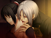 Hijikata drinks Chizuru's blood from behind