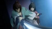 Okita protecting Chizuru from Kazama