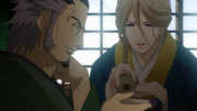 Oume pouring sake to Serizawa