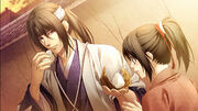 Hijikata and Chizuru eating onigiri