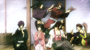 Everyone eating dango while Hijikata tries to catch Souji with his diary
