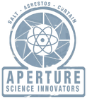 Aperture Science Innovators logo featured on the glass in the previous image. While it is not present there in the final game, it can be found in the game files, as well as different color variants on posters or the early Weighted Companion Cube.