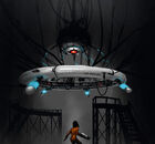 Concept art of an early GLaDOS as a sphere, with a single disc and an early Chell.